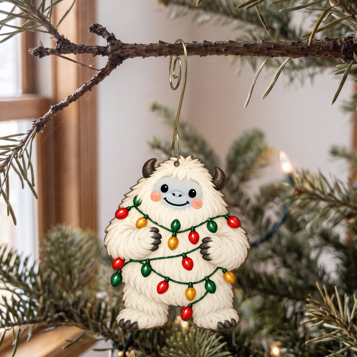 Laser-cut maple wood Christmas ornament O23 hanging on a fir branch, made in USA