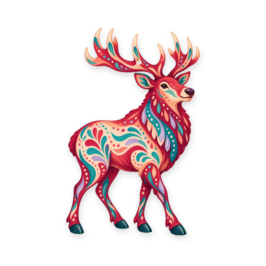 Elk folk art ornament O240 on white, laser-cut maple wood, made in USA