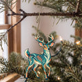 Laser-cut maple wood White-Tailed Deer folk art ornament O241 hanging on a fir branch, made in USA