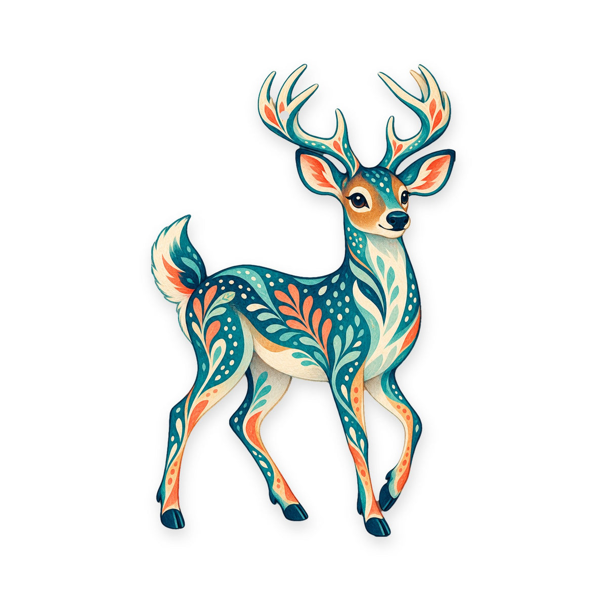 White-Tailed Deer folk art ornament O241 on white, laser-cut maple wood, made in USA