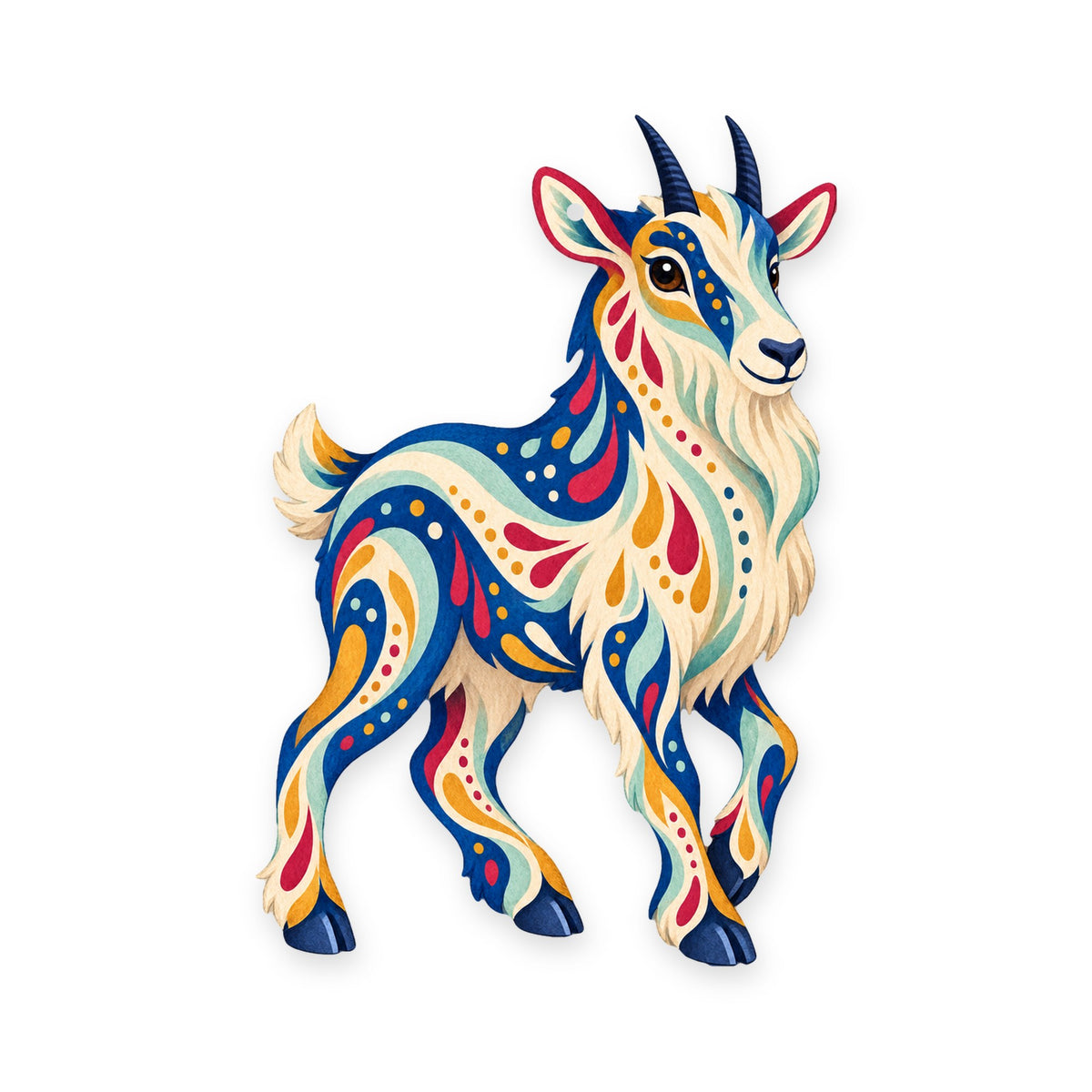 Mountain Goat folk art ornament O245 on white, laser-cut maple wood, made in USA