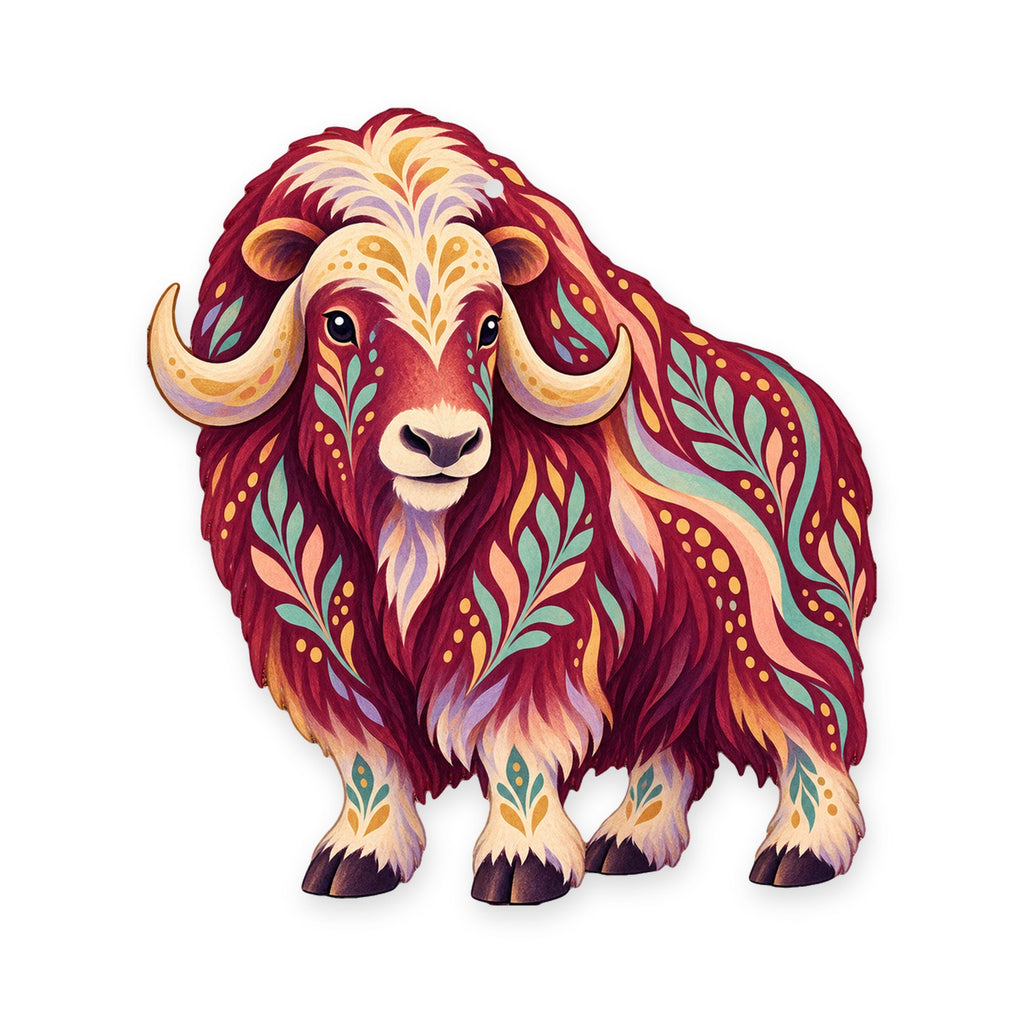 Musk Ox folk art ornament O246 on white, laser-cut maple wood, made in USA
