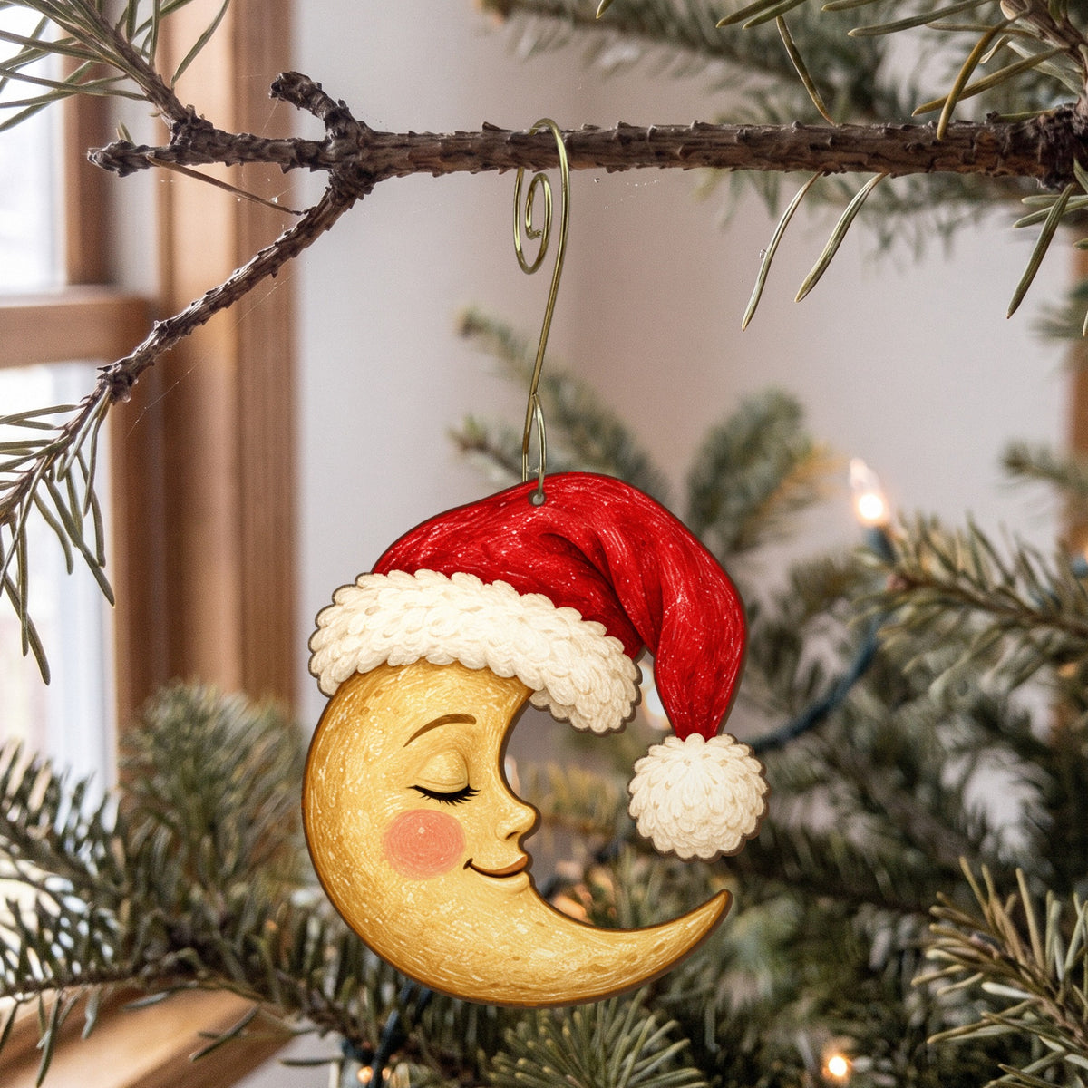 Laser-cut maple wood Christmas ornament O24 hanging on a fir branch, made in USA