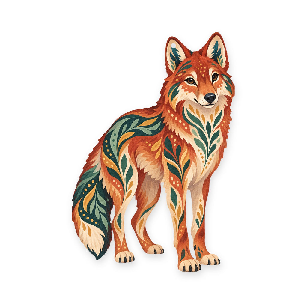 Red Wolf folk art ornament O251 on white, laser-cut maple wood, made in USA