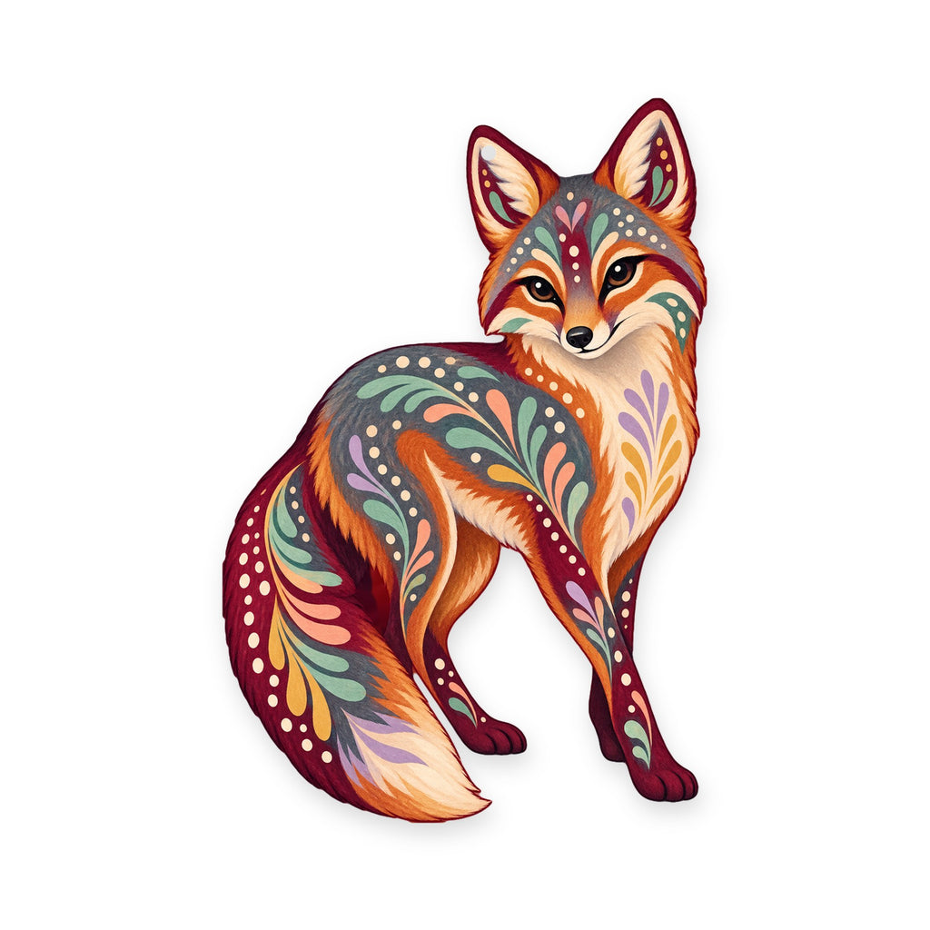 Gray Fox folk art ornament O254 on white, laser-cut maple wood, made in USA