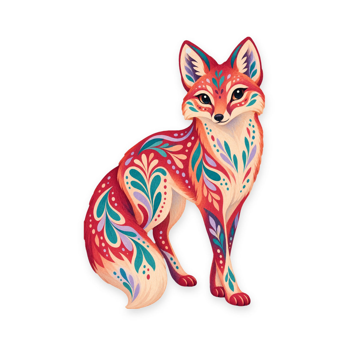 Swift Fox folk art ornament O256 on white, laser-cut maple wood, made in USA