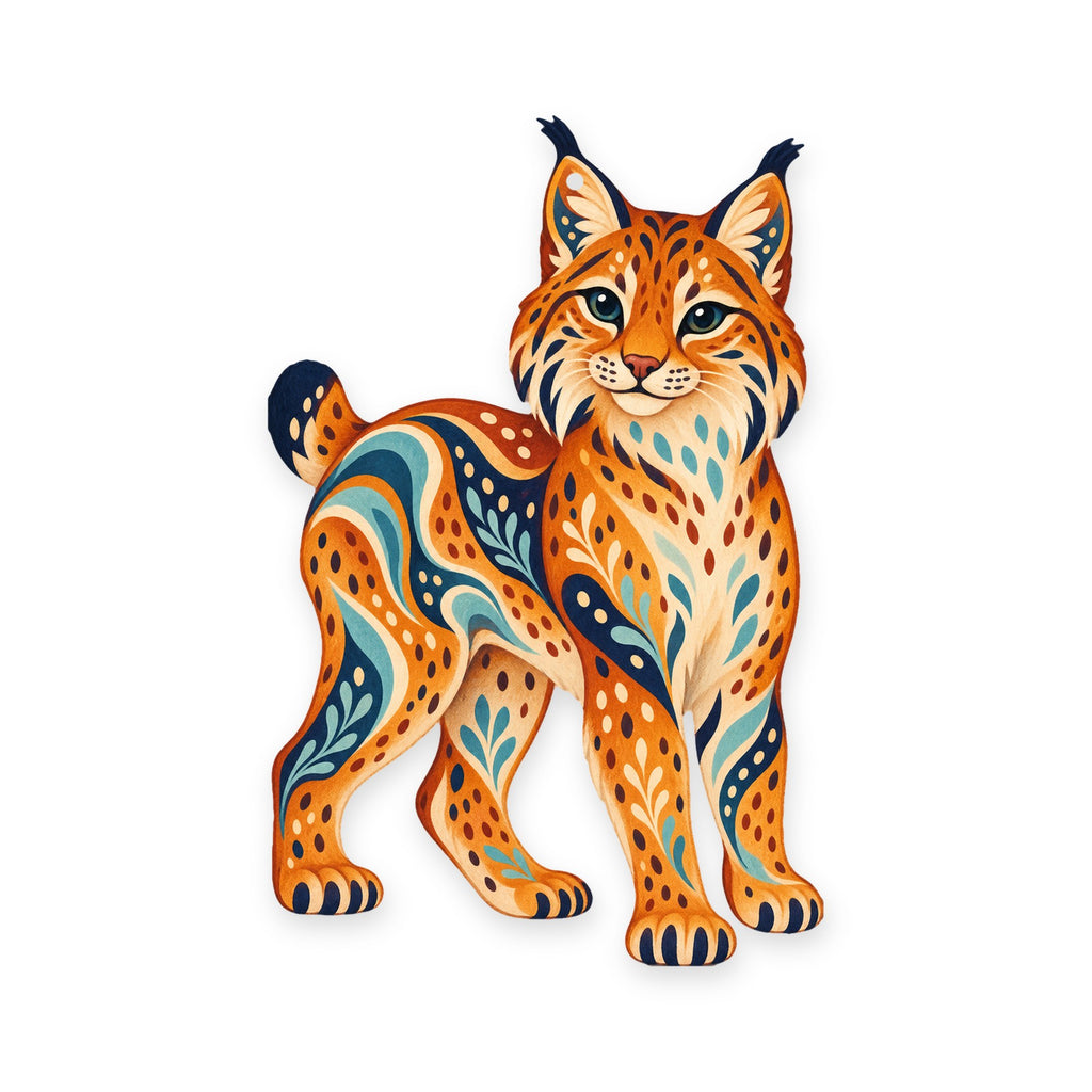 Bobcat folk art ornament O258 on white, laser-cut maple wood, made in USA
