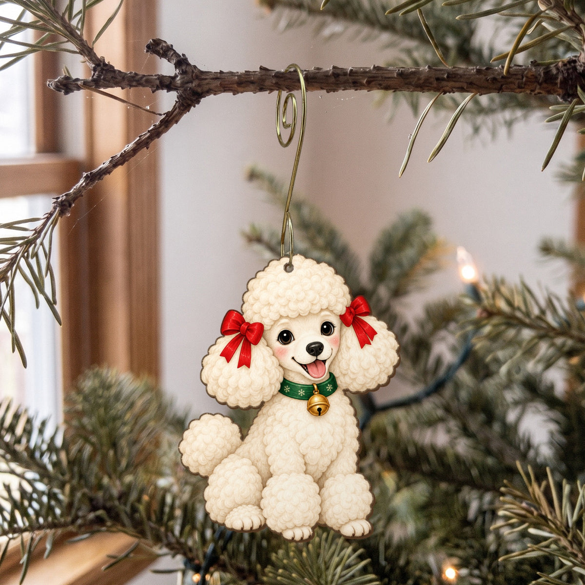 Laser-cut maple wood Christmas ornament O25 hanging on a fir branch, made in USA