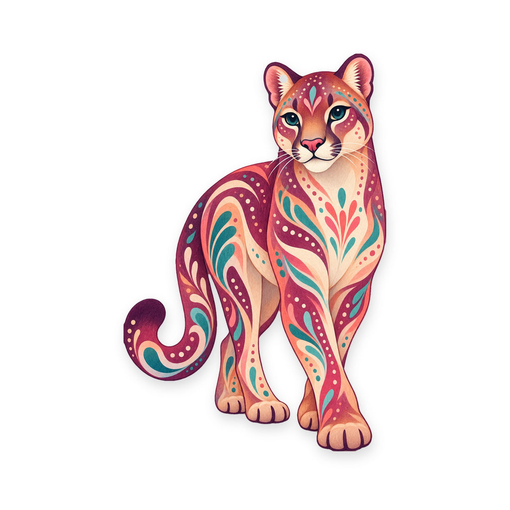 Cougar folk art ornament O260 on white, laser-cut maple wood, made in USA