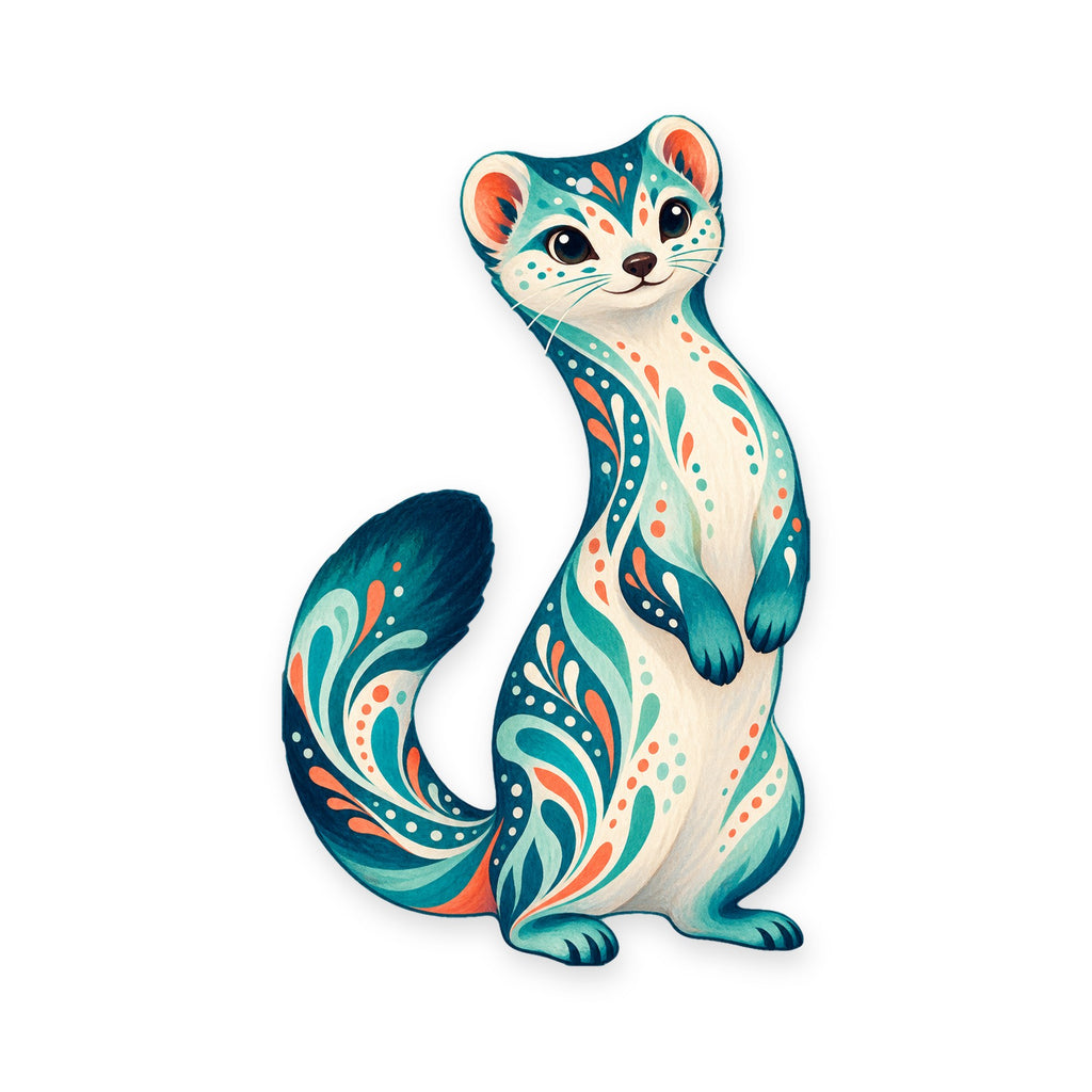 Ermine folk art ornament O265 on white, laser-cut maple wood, made in USA