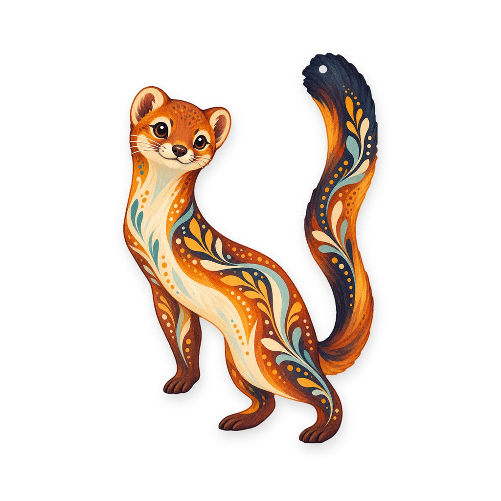 Long-Tailed Weasel folk art ornament O266 on white, laser-cut maple wood, made in USA