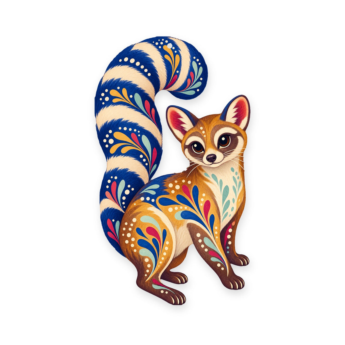 Ringtail folk art ornament O269 on white, laser-cut maple wood, made in USA
