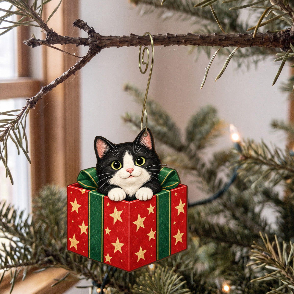 Laser-cut maple wood Christmas ornament O26 hanging on a fir branch, made in USA