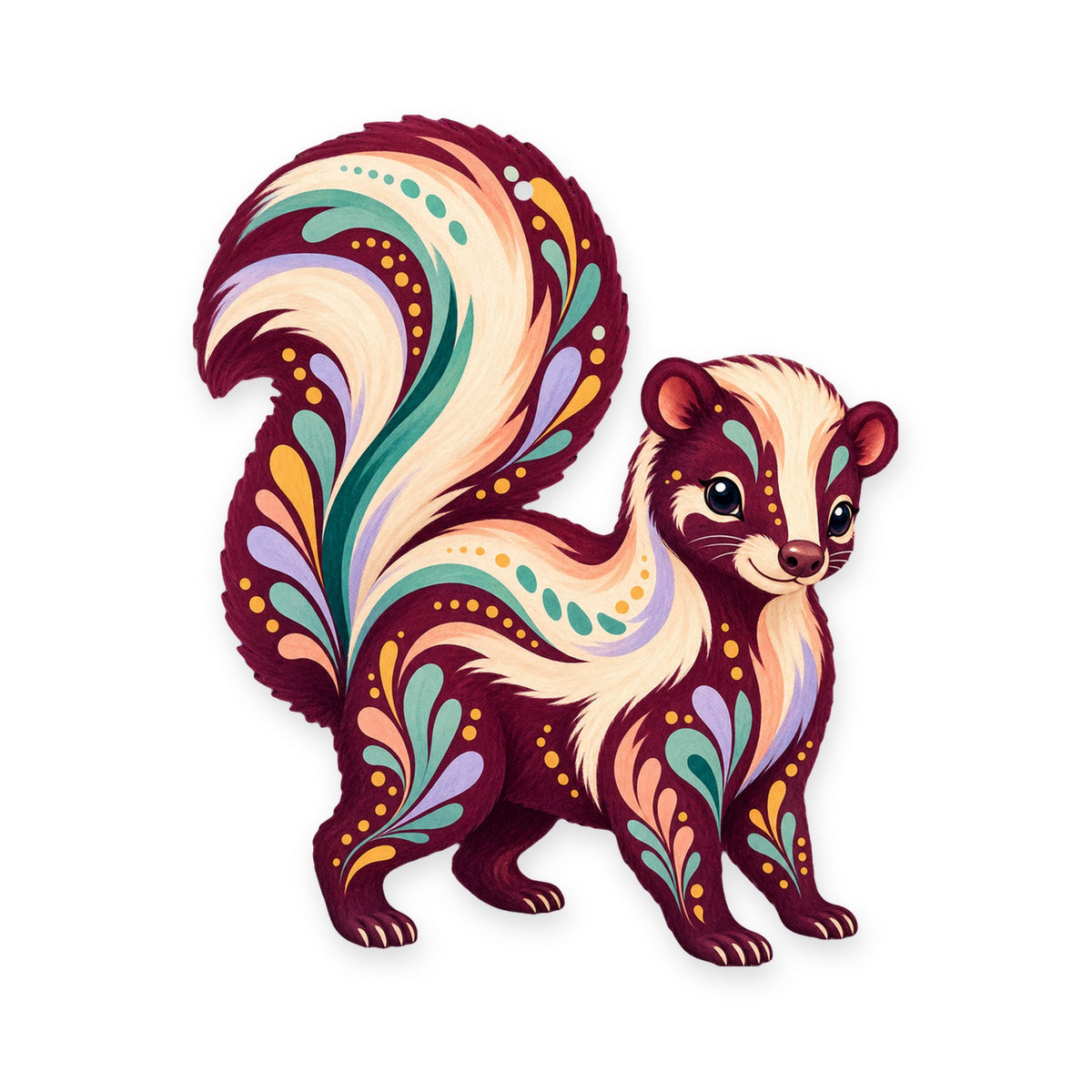 Striped Skunk folk art ornament O270 on white, laser-cut maple wood, made in USA