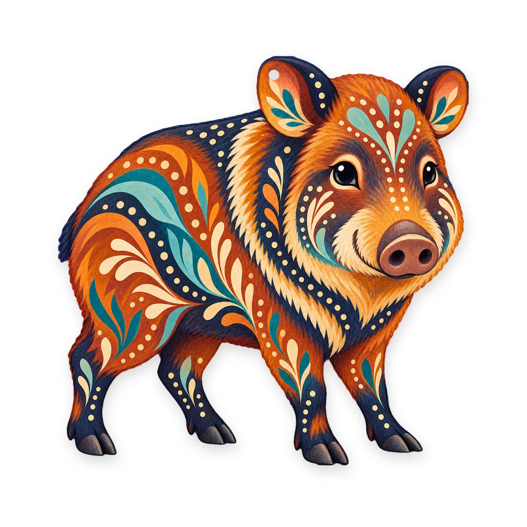 Javelina folk art ornament O274 on white, laser-cut maple wood, made in USA
