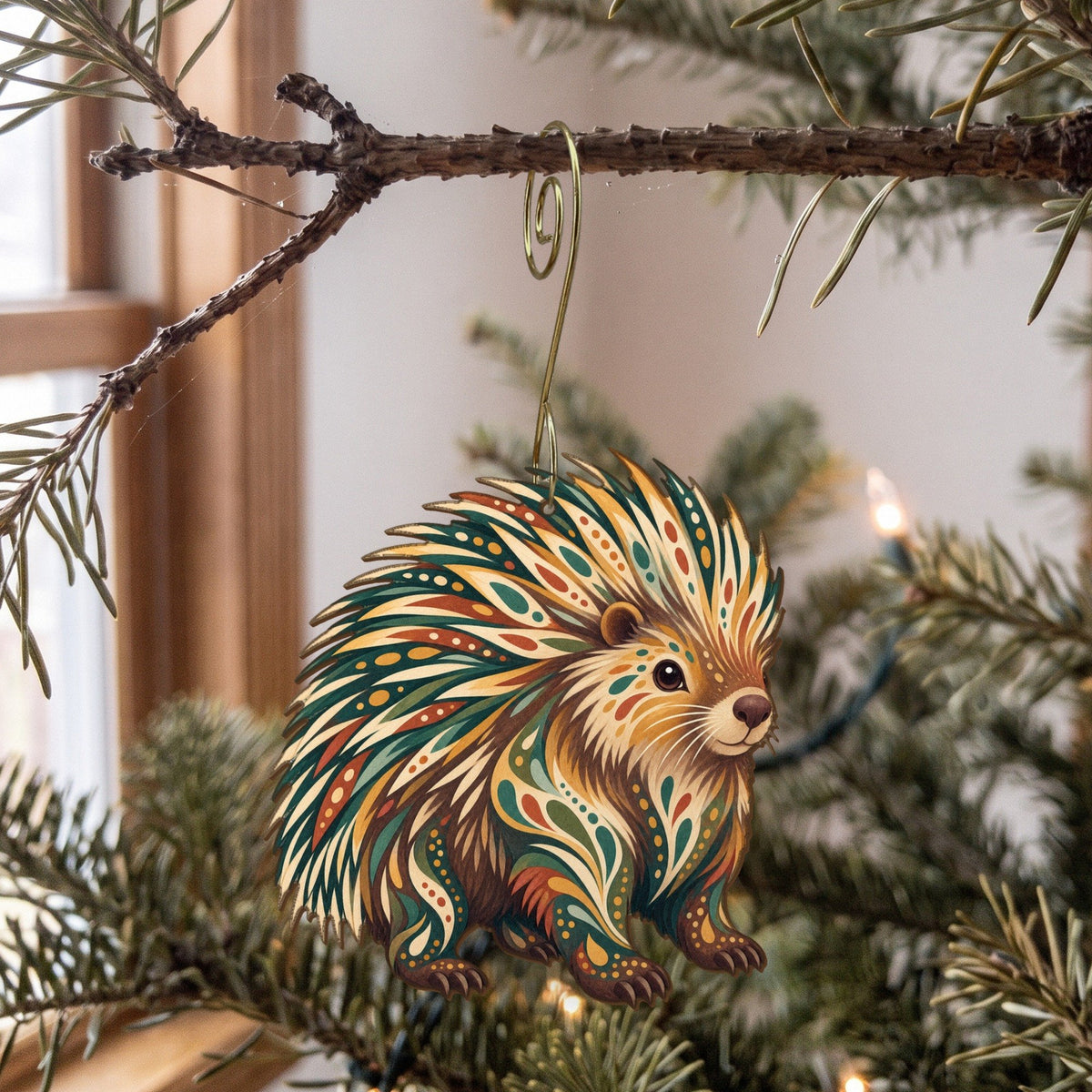 Laser-cut maple wood North American Porcupine folk art ornament O275 hanging on a fir branch, made in USA
