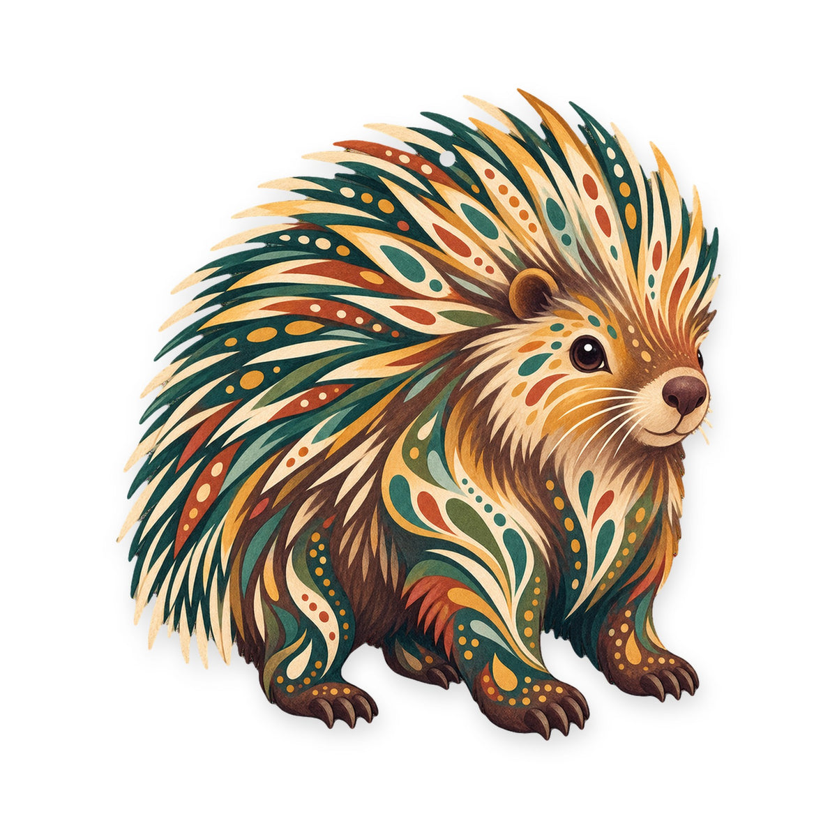 North American Porcupine folk art ornament O275 on white, laser-cut maple wood, made in USA