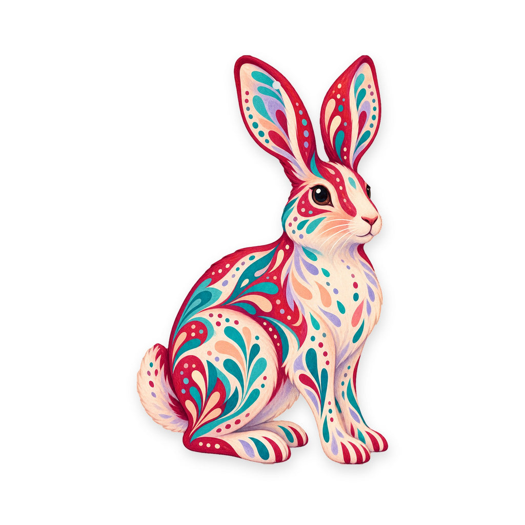 Snowshoe Hare folk art ornament O280 on white, laser-cut maple wood, made in USA