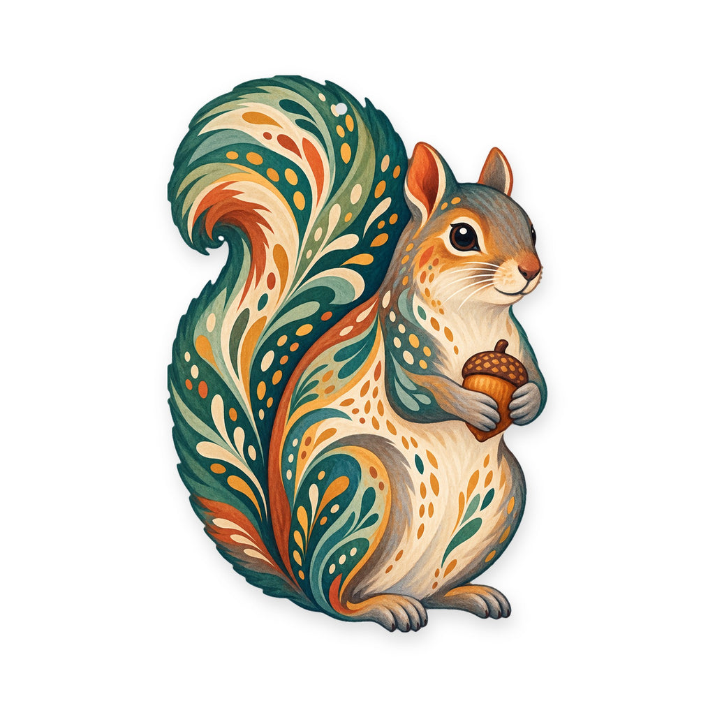 Eastern Gray Squirrel folk art ornament O283 on white, laser-cut maple wood, made in USA