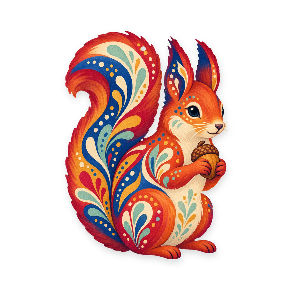 Red Squirrel folk art ornament O285 on white, laser-cut maple wood, made in USA