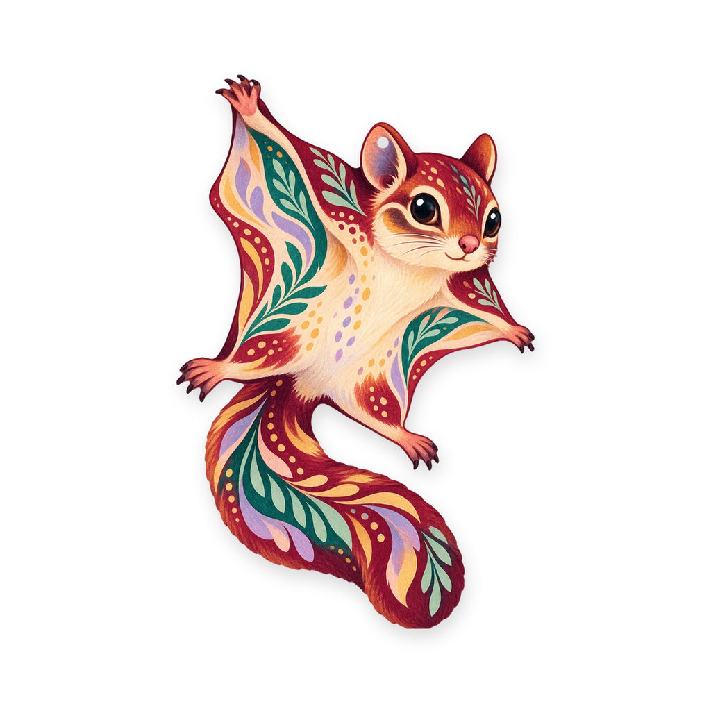 Northern Flying Squirrel folk art ornament O286 on white, laser-cut maple wood, made in USA