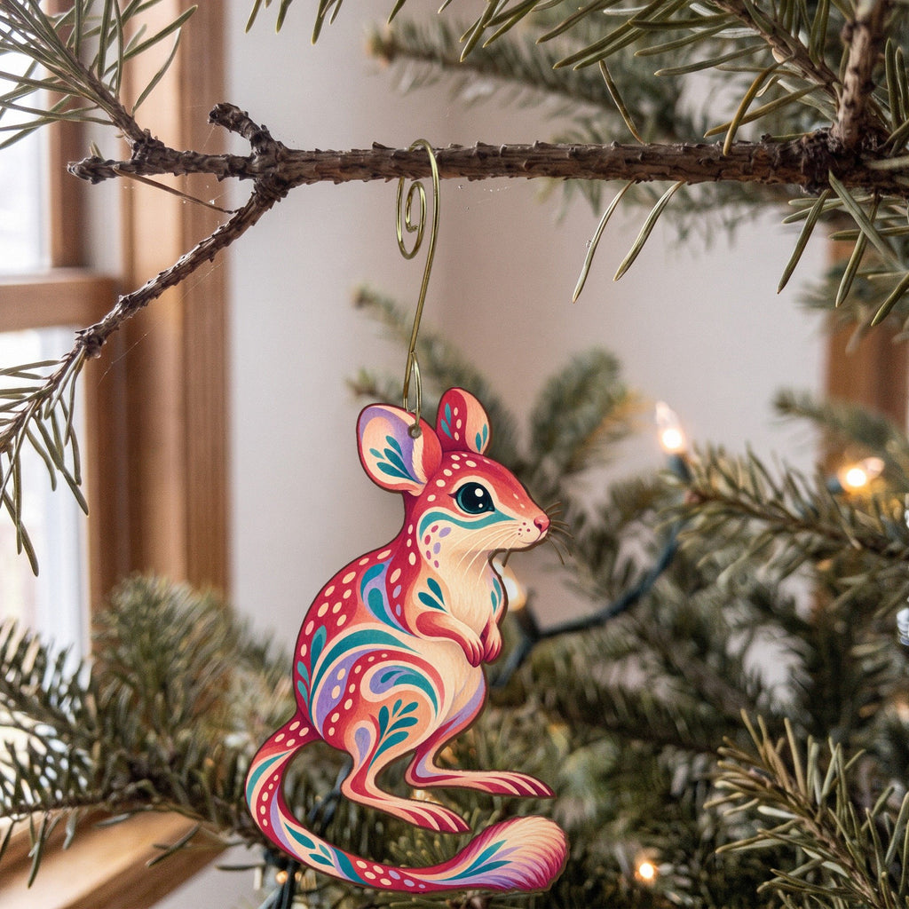 Laser-cut maple wood Kangaroo Rat folk art ornament O288 hanging on a fir branch, made in USA
