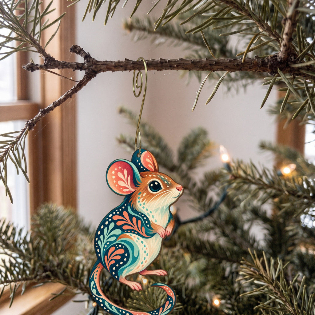 Laser-cut maple wood Deer Mouse folk art ornament O289 hanging on a fir branch, made in USA