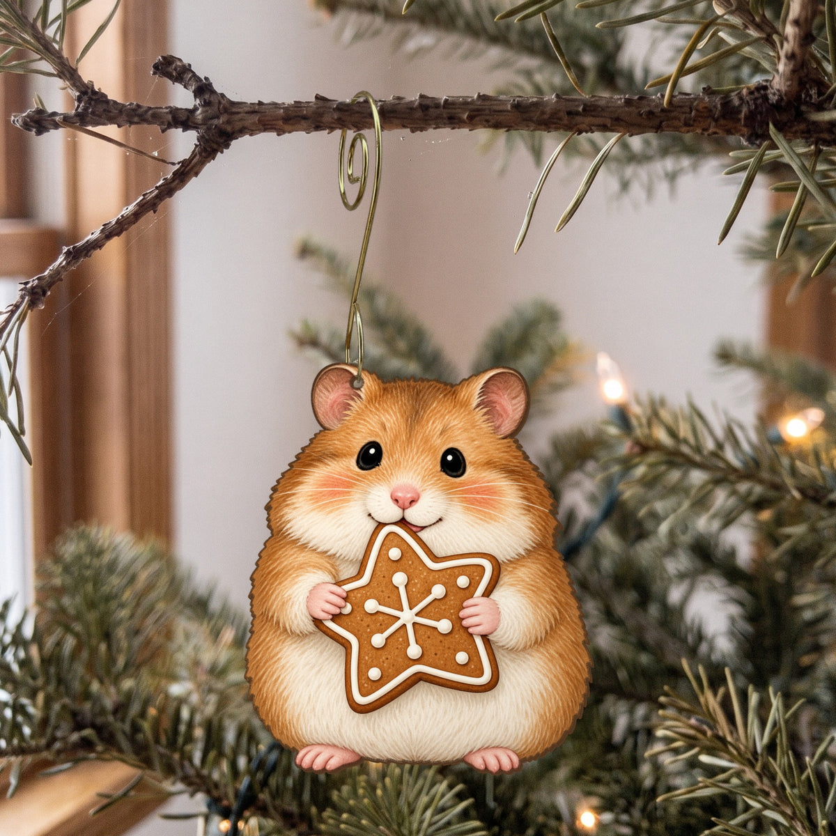 Laser-cut maple wood Christmas ornament O28 hanging on a fir branch, made in USA