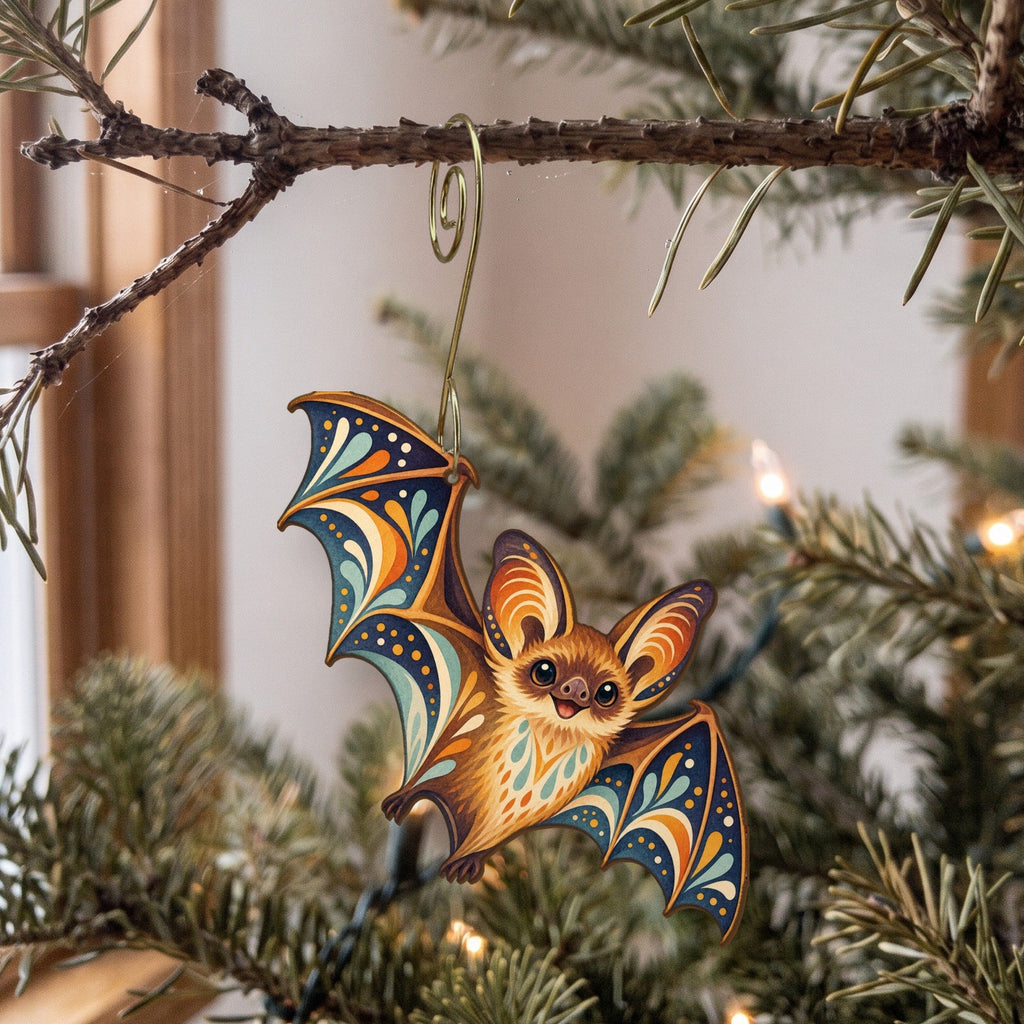 Laser-cut maple wood Little Brown Bat folk art ornament O290 hanging on a fir branch, made in USA