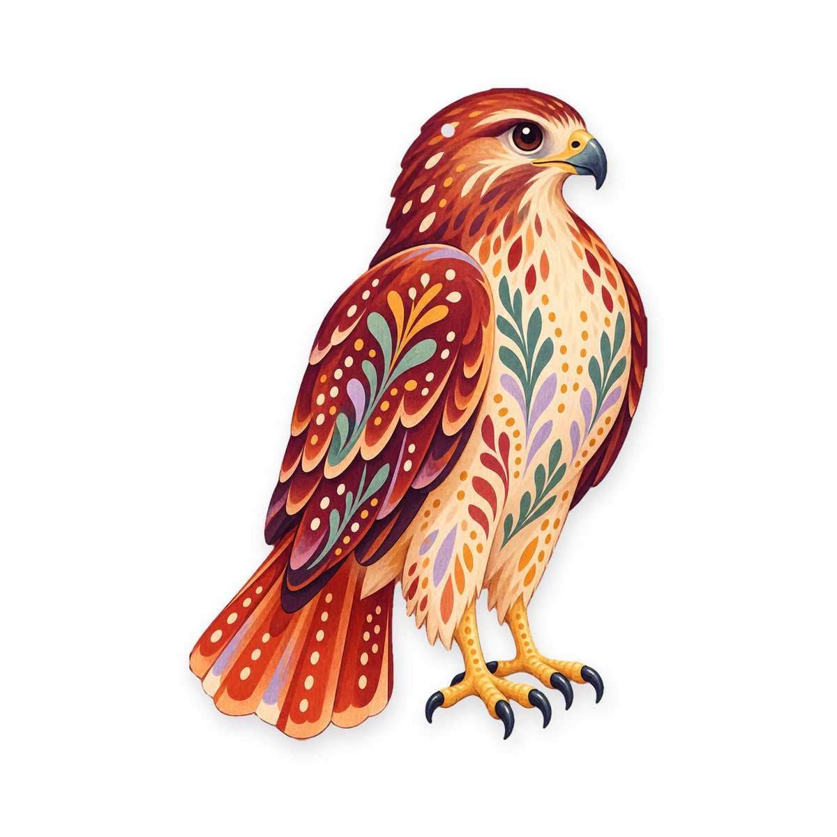 Red-Tailed Hawk folk art ornament O294 on white, laser-cut maple wood, made in USA