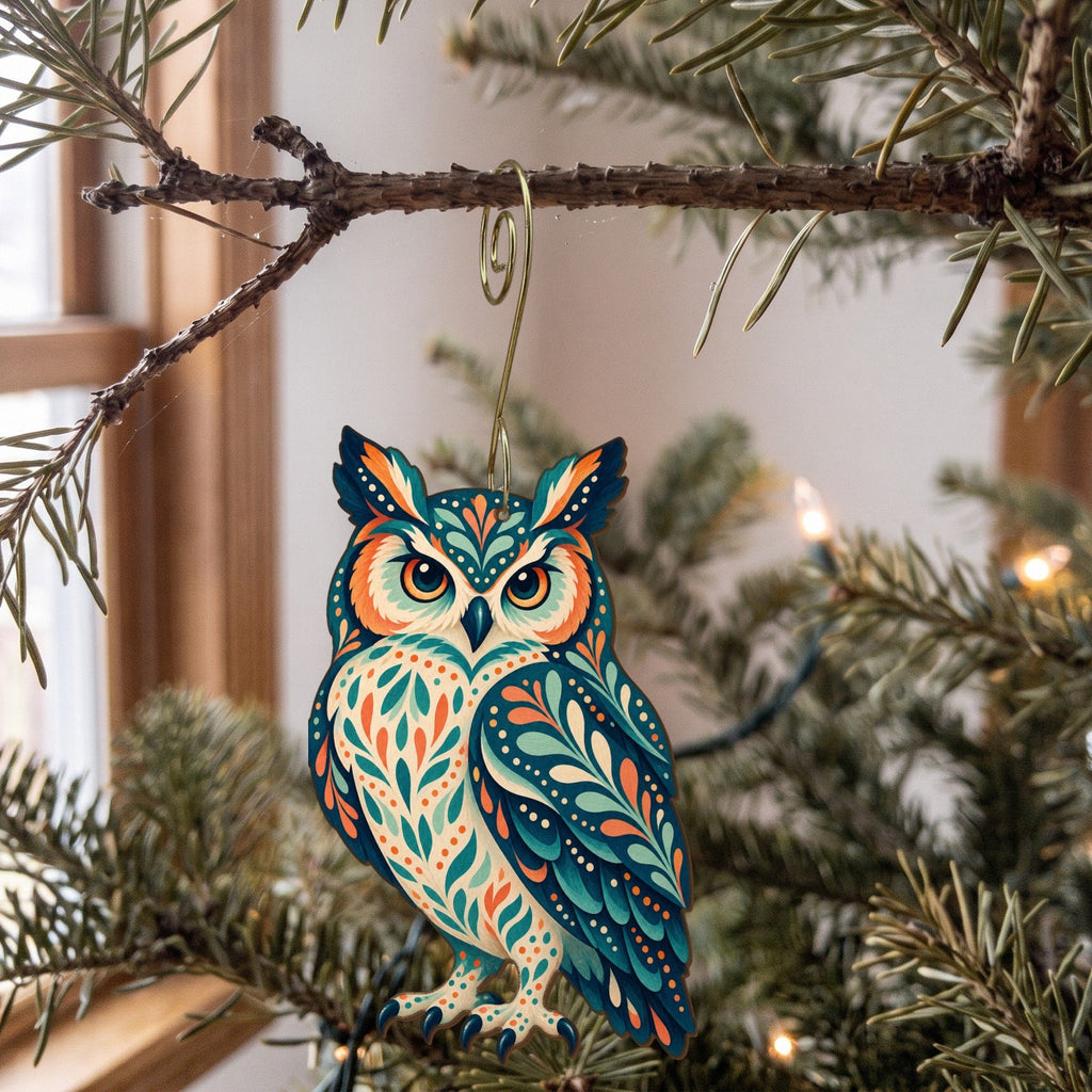 Laser-cut maple wood Great Horned Owl folk art ornament O297 hanging on a fir branch, made in USA