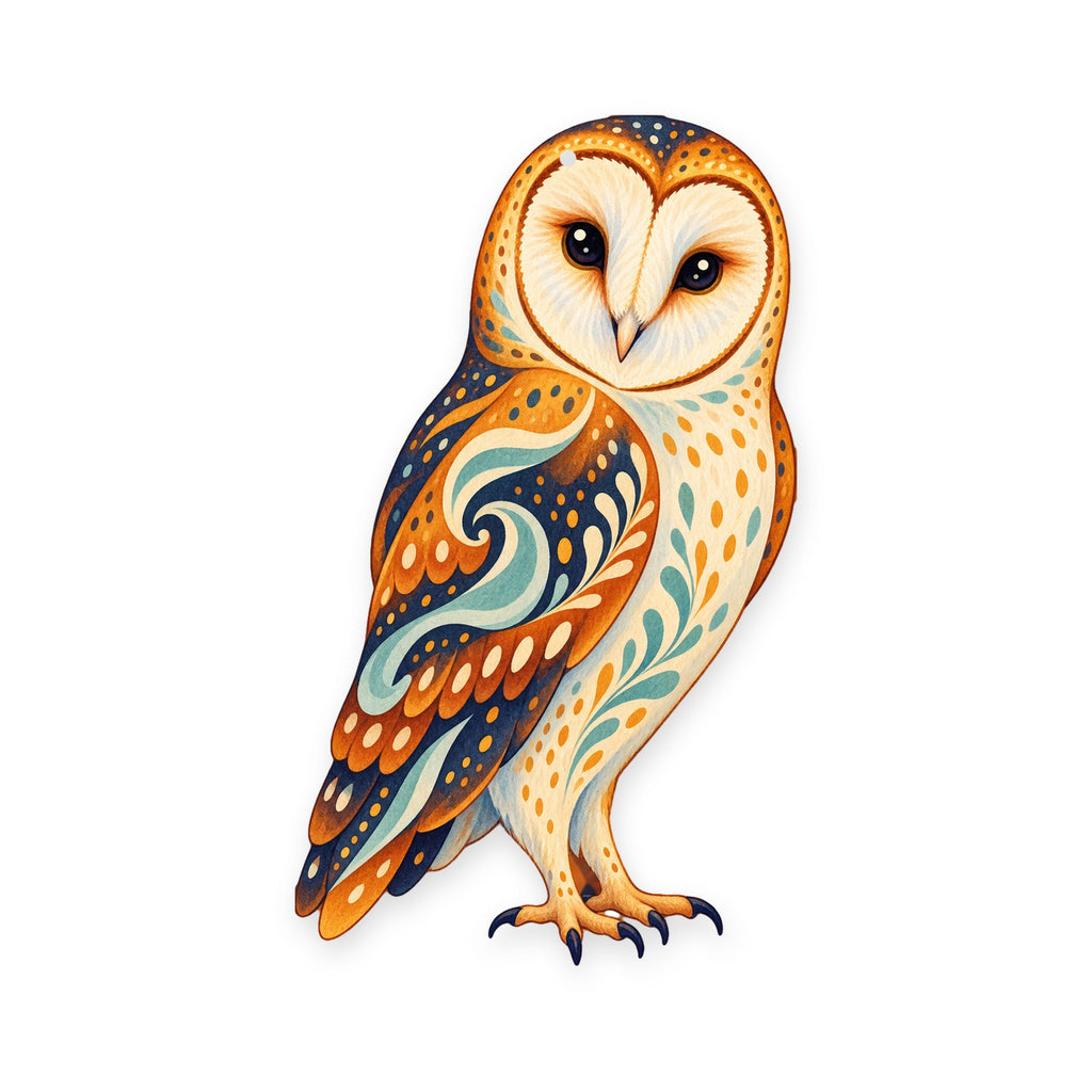 Barn Owl folk art ornament O298 on white, laser-cut maple wood, made in USA
