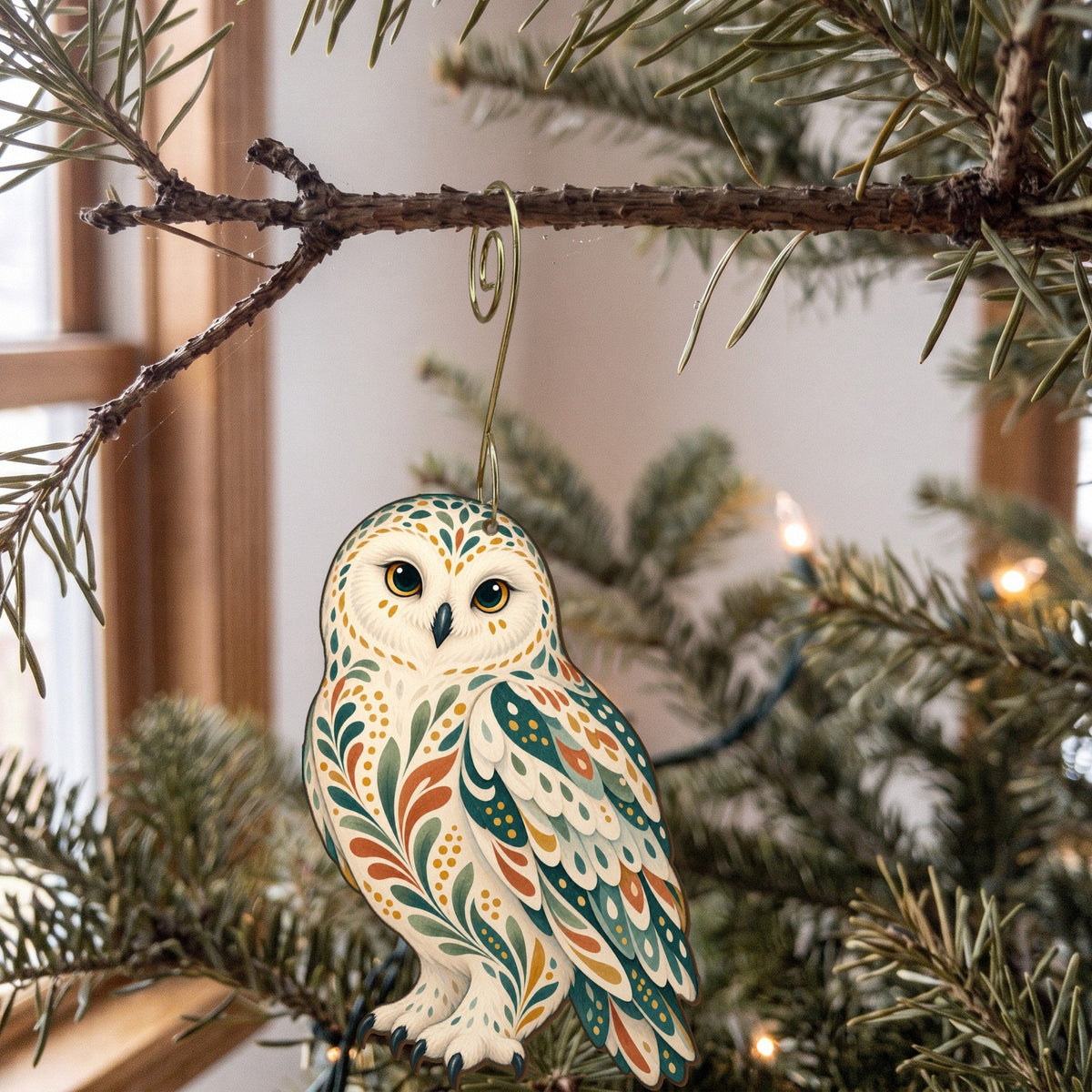 Laser-cut maple wood Snowy Owl folk art ornament O299 hanging on a fir branch, made in USA