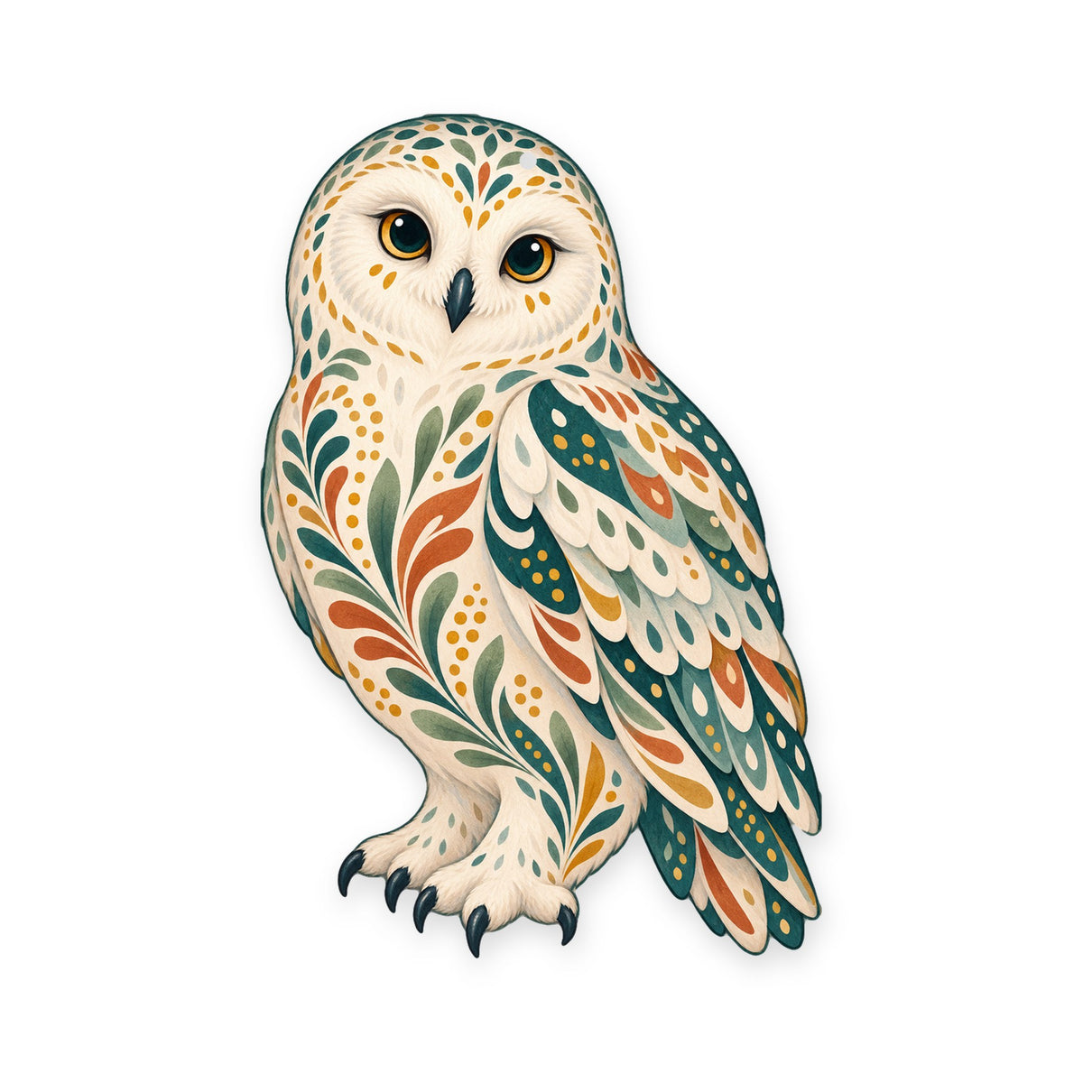 Snowy Owl folk art ornament O299 on white, laser-cut maple wood, made in USA