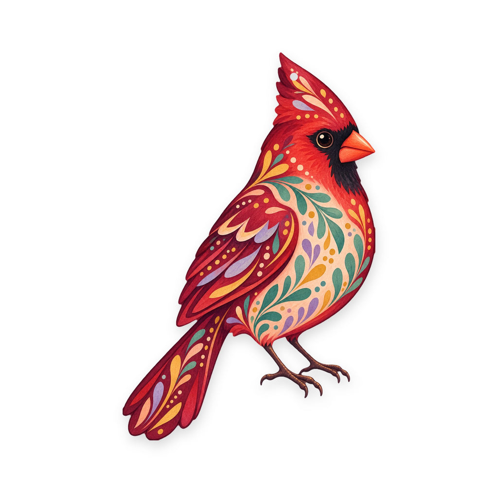 Northern Cardinal folk art ornament O302 on white, laser-cut maple wood, made in USA