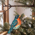 Laser-cut maple wood American Robin folk art ornament O305 hanging on a fir branch, made in USA