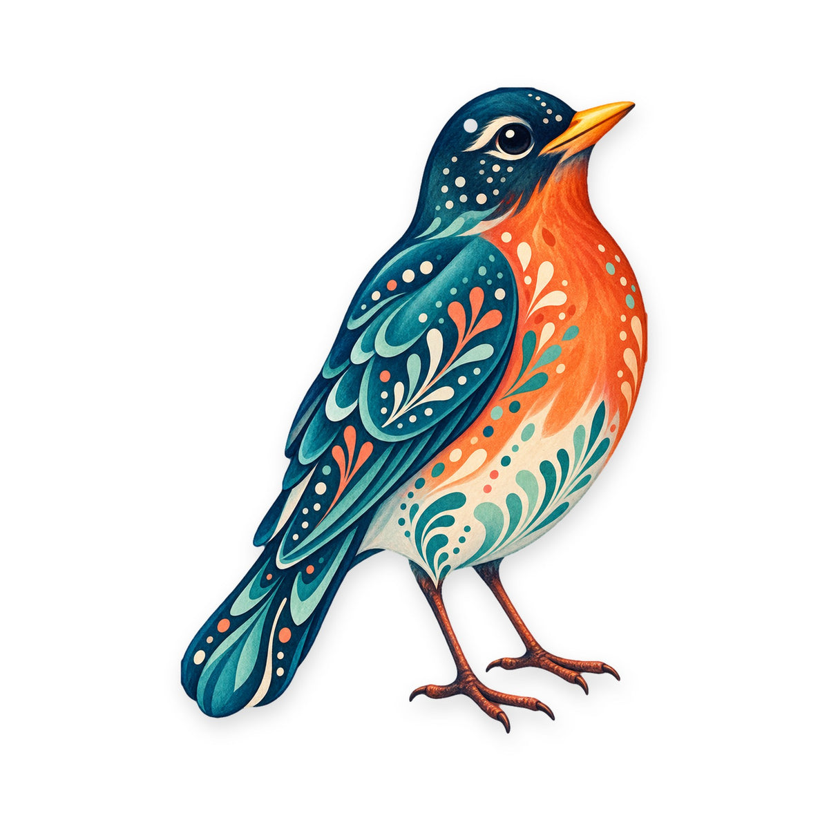 American Robin folk art ornament O305 on white, laser-cut maple wood, made in USA