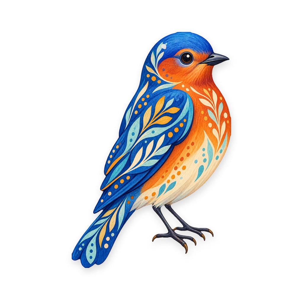 Western Bluebird folk art ornament O306 on white, laser-cut maple wood, made in USA
