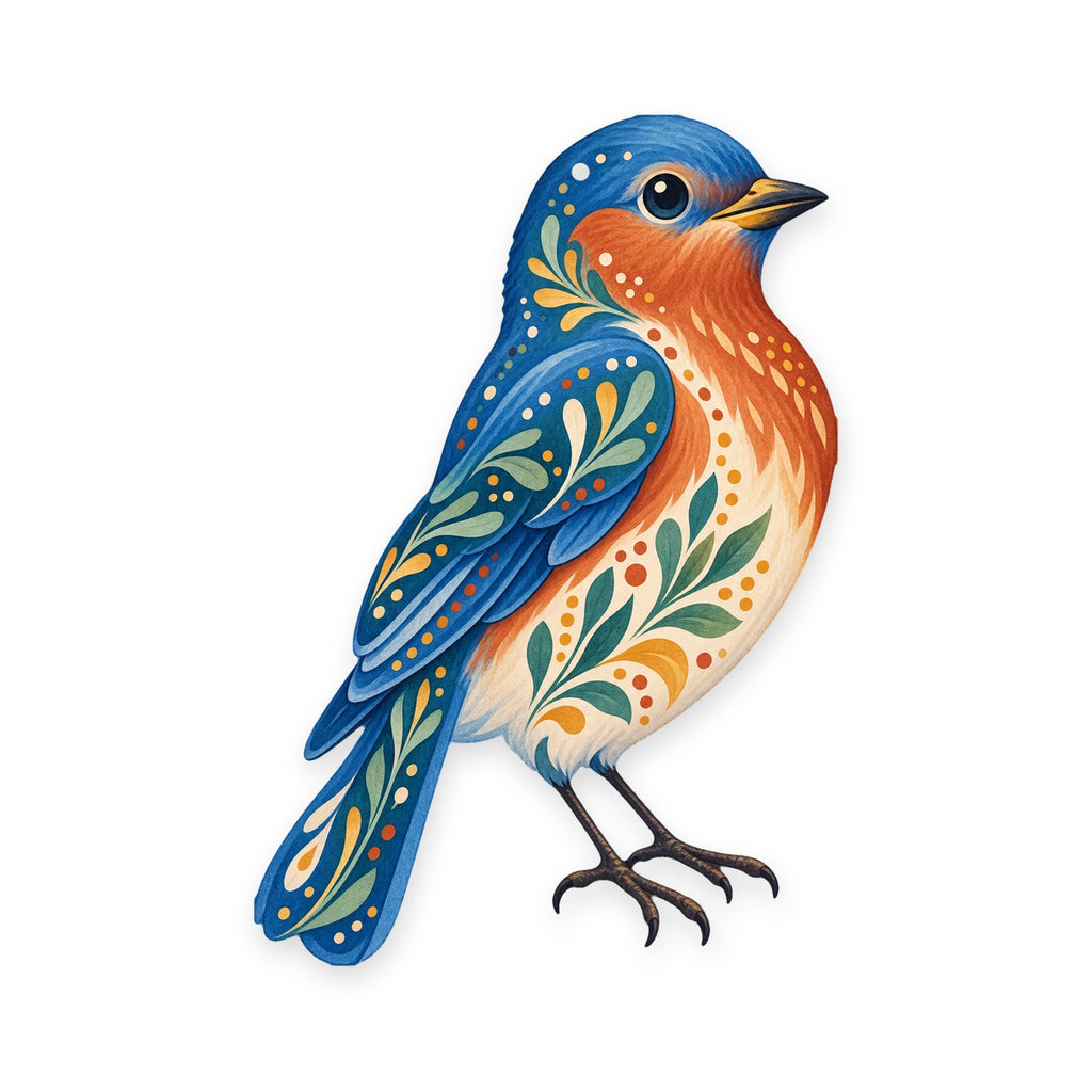 Eastern Bluebird folk art ornament O307 on white, laser-cut maple wood, made in USA