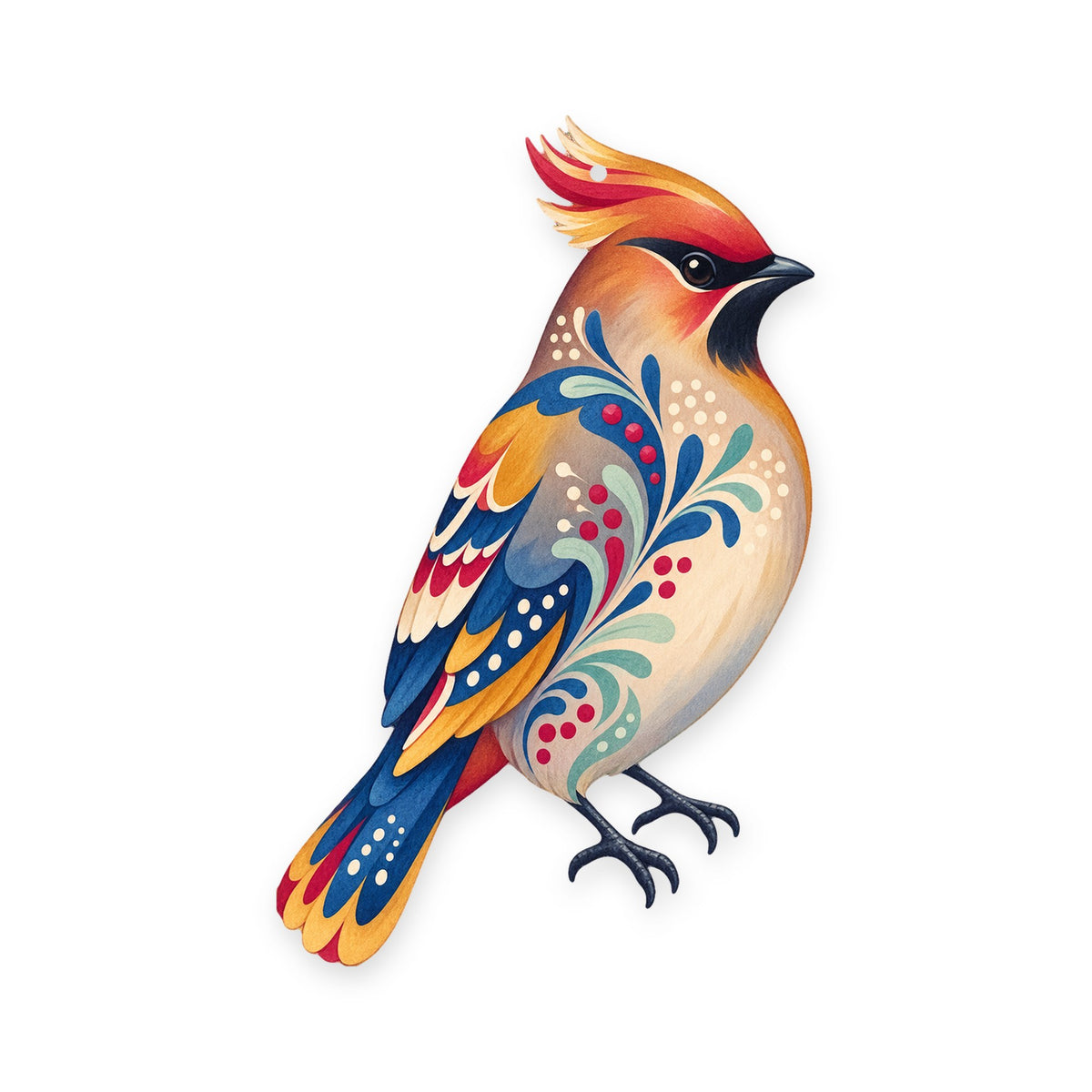 Bohemian Waxwing folk art ornament O309 on white, laser-cut maple wood, made in USA