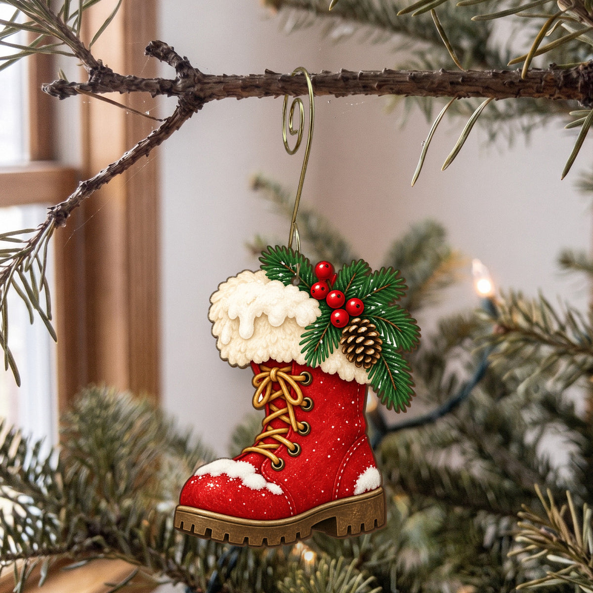 Laser-cut maple wood Christmas ornament O30 hanging on a fir branch, made in USA