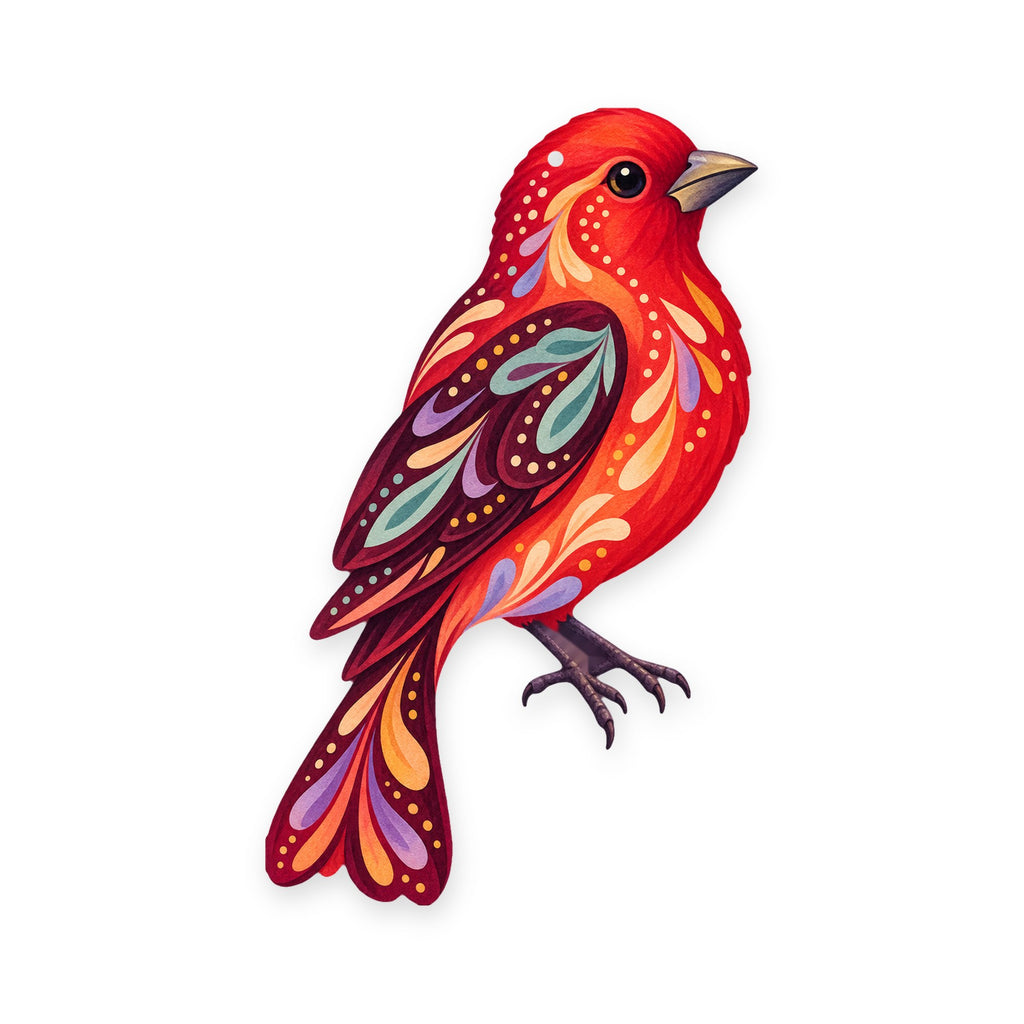 Scarlet Tanager folk art ornament O310 on white, laser-cut maple wood, made in USA