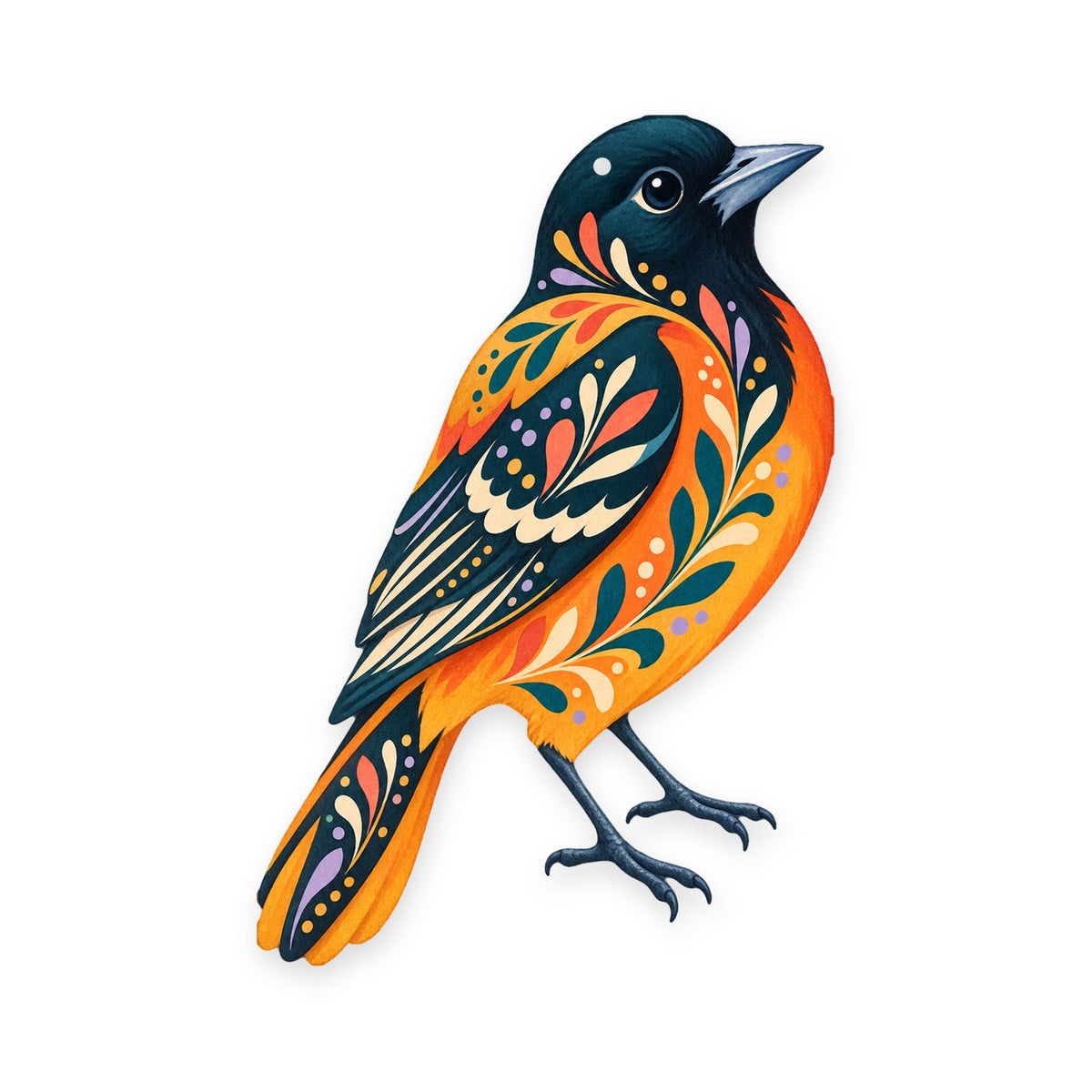 Baltimore Oriole folk art ornament O311 on white, laser-cut maple wood, made in USA