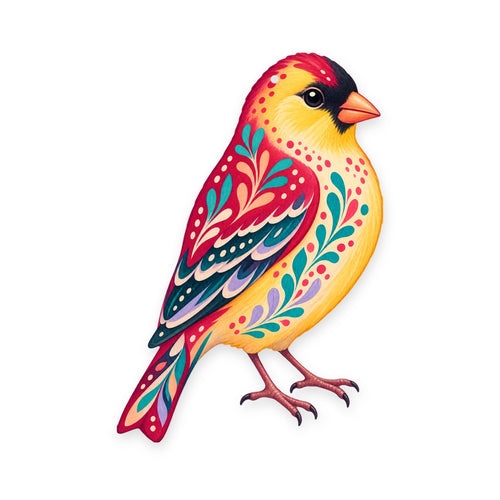 American Goldfinch folk art ornament O312 on white, laser-cut maple wood, made in USA
