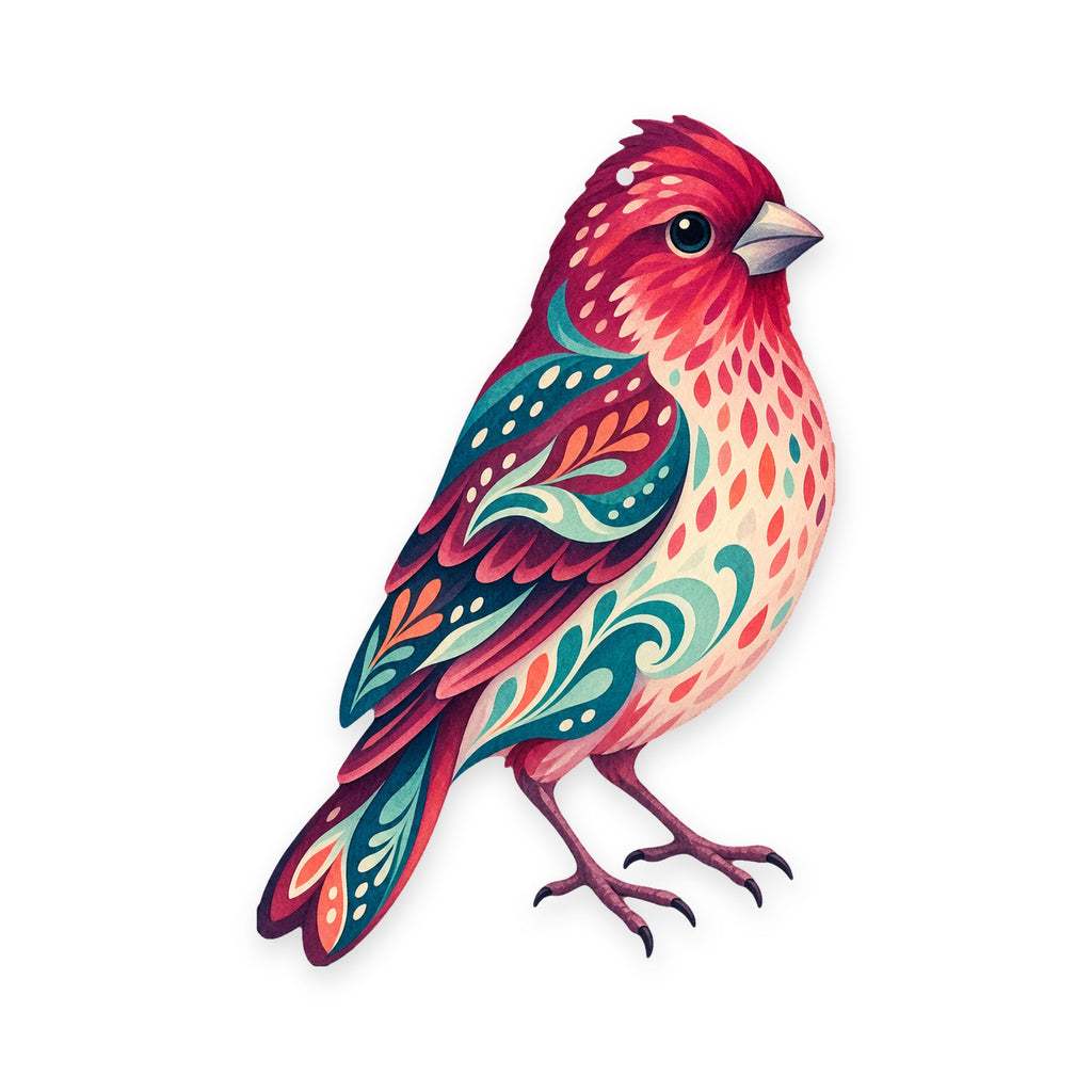 Purple Finch folk art ornament O313 on white, laser-cut maple wood, made in USA