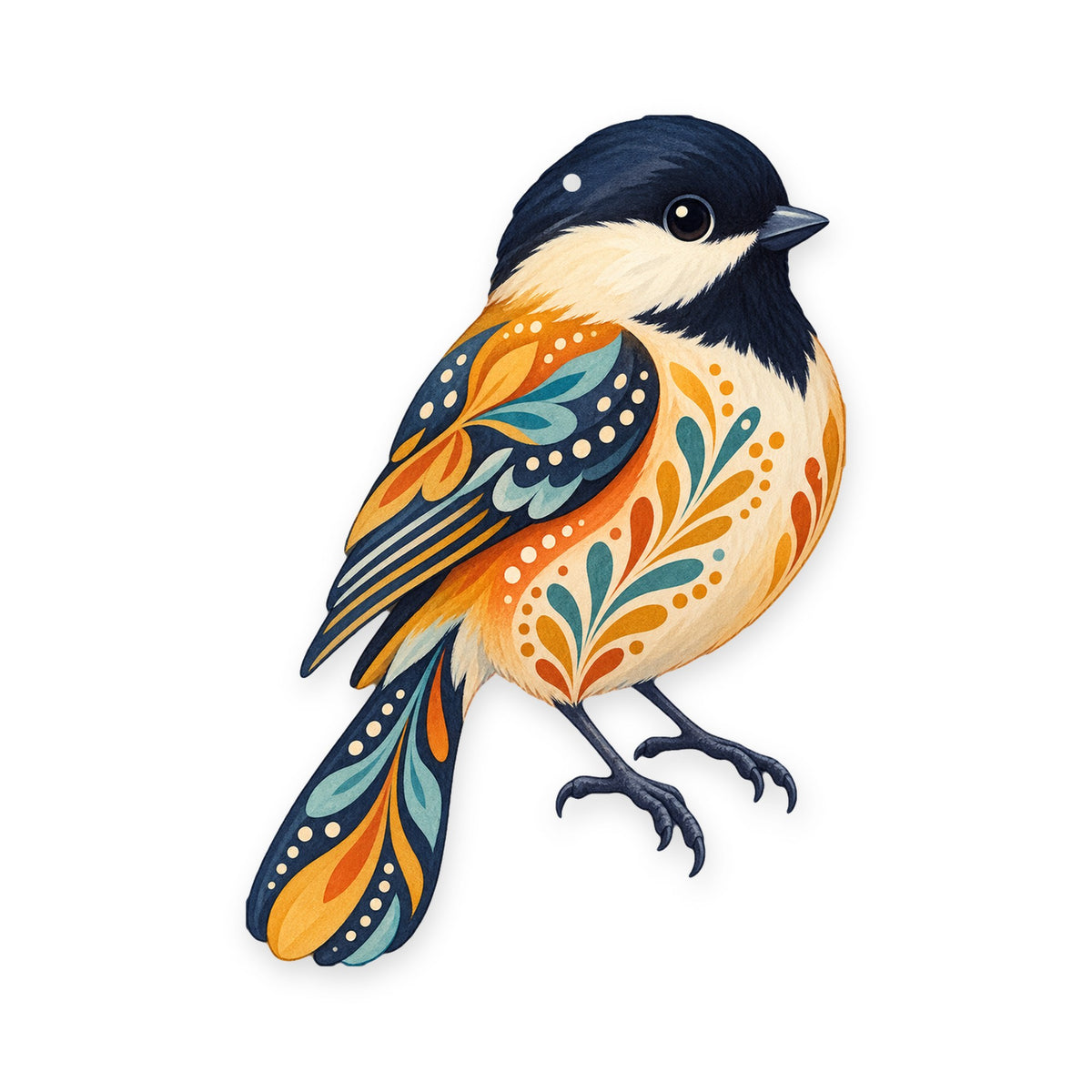 Black-Capped Chickadee folk art ornament O314 on white, laser-cut maple wood, made in USA
