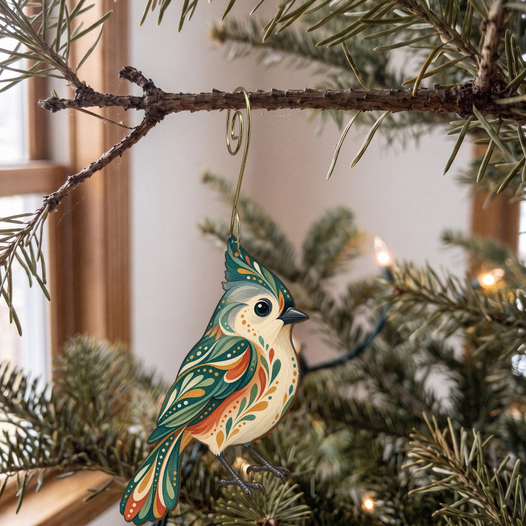 Laser-cut maple wood Tufted Titmouse folk art ornament O315 hanging on a fir branch, made in USA