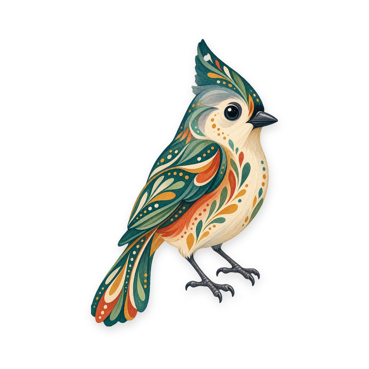 Tufted Titmouse folk art ornament O315 on white, laser-cut maple wood, made in USA