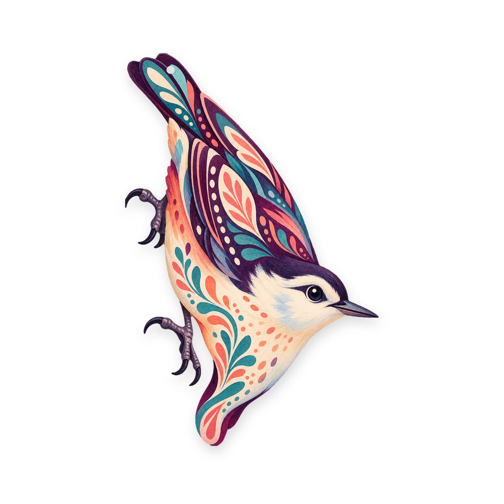 White-Breasted Nuthatch folk art ornament O316 on white, laser-cut maple wood, made in USA