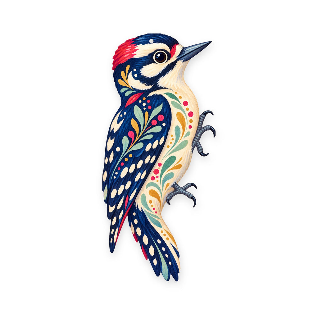 Downy Woodpecker folk art ornament O317 on white, laser-cut maple wood, made in USA